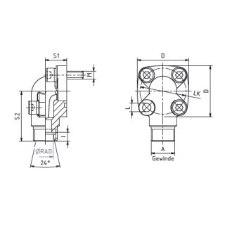 Flanschverschraubung 90° - 24°, WF35LKL12315, 12L, 35 mm 4-Loch