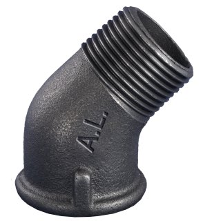 Temperguss Winkel, Typ 121, 45°, IG / AG, G 3/8 Zoll, R 3/8 Zoll, schwarz